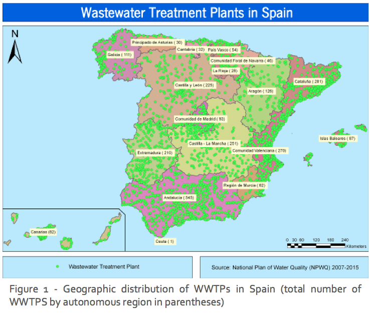 Figure 1 - Geographic distribution of WWTPs in Spain (total number of WWTPS by autonomous region in parentheses)