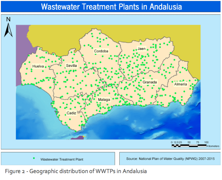 Figure 2 - Geographic distribution of WWTPs in Andalusia