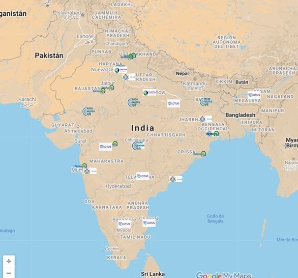 India map showing the location of the pilots of 5 (out of the 7) sister projects currently funded under the Indo-Euro Water Technology Programme, call SC5-12-2018 EU-India water co-operation